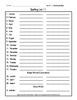 List 11: Word List Spelling Worksheet