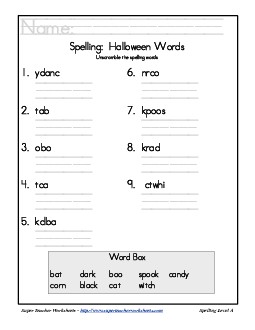 Holiday List - Halloween: Unscramble Spelling Worksheet