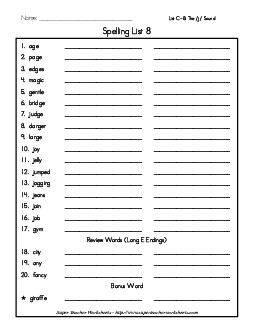 List 8: Word List Spelling Worksheet