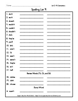 List 9: Word List Spelling Worksheet