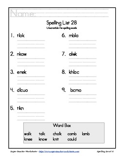 List 28: Word Scramble Spelling Worksheet