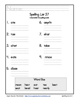 List 27: Word Scramble Spelling Worksheet