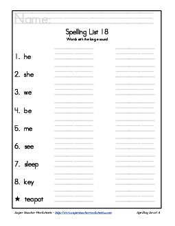 List 18: Word List Spelling Worksheet