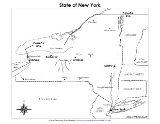 New York Map (Labeled) State Maps Worksheet