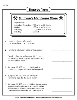 Hardware Store - Elapsed Time Worksheet Worksheet