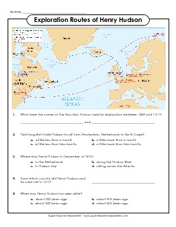 Hudson Map & Questions Explorers Worksheet