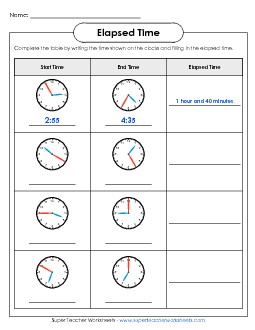 Elapsed Time Analog Table (Advanced) Worksheet