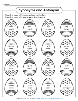 Synonym and Antonym Eggs Easter Worksheet