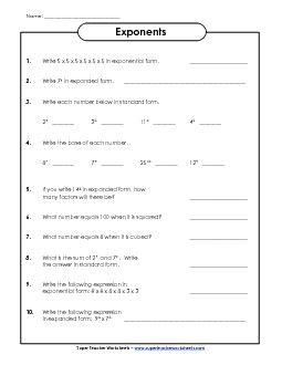 Exponent Questions Exponents Worksheet