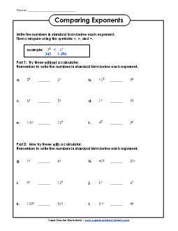 Comparing Exponents Worksheet