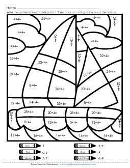 Division Mystery Pic: Sailboat (4s Only) Worksheet