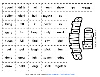 Dolch Bingo: Level 3 Worksheet