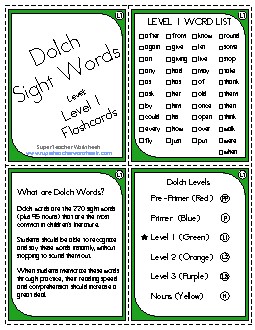 Dolch Flashcards: Level 1 Worksheet