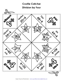 Cootie Catcher Divide by FOUR Division Worksheet