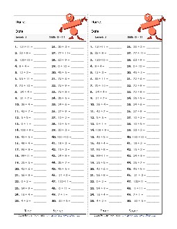 Division Timed Quiz 0 - 11 Worksheet