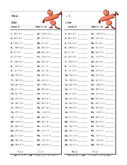 Division Timed Quiz 0 - 12 Worksheet