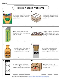 Division Picture Word Problems Worksheet