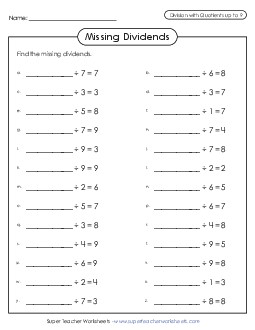 Basic Division : Missing Dividends Worksheet