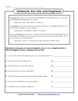 Run-ons, Fragments, and Sentences Fragments Runons Worksheet