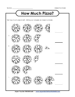 Pizza - Mixed Numbers Fractions Worksheet