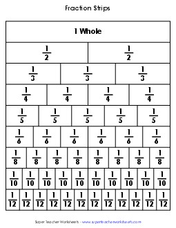 Fraction Strips (Black & White) Free Fractions Worksheet