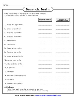 Decimal Names - Tenths Decimals Worksheet