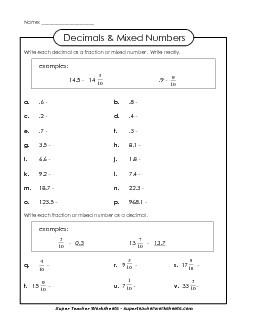 Mixed Numbers to Decimals Worksheet