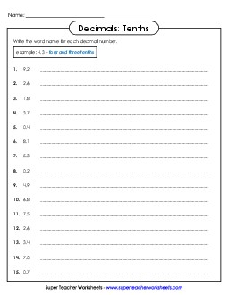 Decimal Names - Tenths 2 Decimals Worksheet