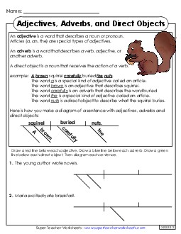 Adjectives, Adverbs, and Direct Objects Diagramming Sentences Worksheet