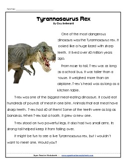 Tyrannosaurus Rex Free Dinosaurs Worksheet