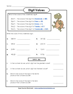 Underlined Digit: Hundredths Decimals Worksheet