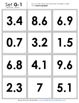 Ordering: Card Sort Game - Tenths Place Value Worksheet