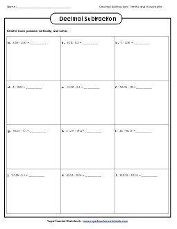 Subtract: Hundredths Decimals Worksheet