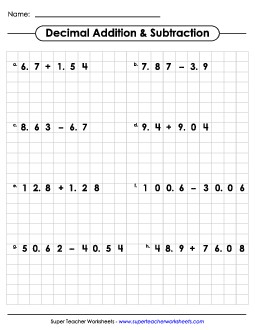 Grid Paper: Decimal Add Subtract Decimals Worksheet