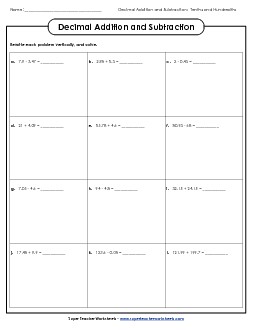 Add & Subtract: Hundredths Decimals Worksheet