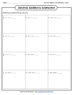 Add & Subtract: Tenths Decimals Worksheet