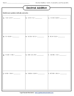 Add: Thousandths Free Decimals Worksheet