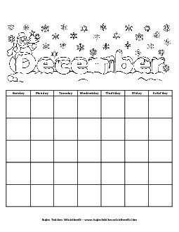 December Calendar (Winter Version) Calendars Worksheet