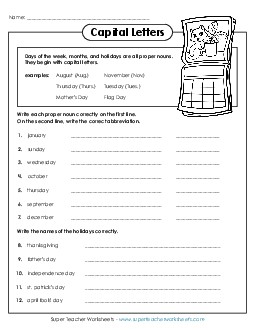 Capitalizing Days and Holidays Free Capitals Worksheet