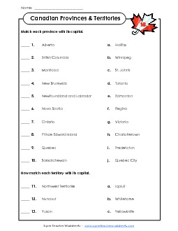 Matching Worksheet - Capitals Canada Worksheet