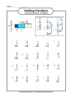 Adding Fractions w/ Like Denominators (Vertical) Free Worksheet