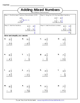 Adding Mixed Numbers w/ Unlike Denominators (Vertical) Fractions Worksheet