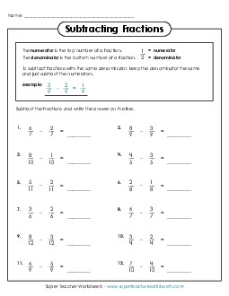 Subtracting Fractions w/ Like Denominators (Horizontal) Worksheet