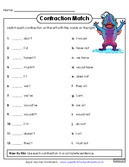 Contraction Match Phonics Worksheet