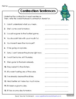 Contraction Sentences Phonics Worksheet