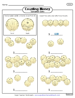 Counting Loonies Money Canadian Worksheet