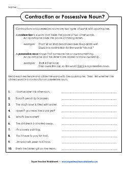 Possessive Noun or Contraction? Phonics Worksheet