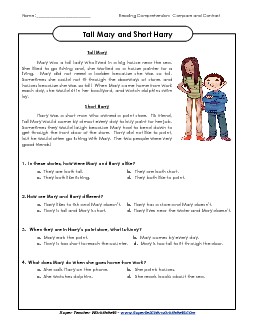 Tall Mary & Short Harry: Compare/Contrast Reading Comprehension Worksheet