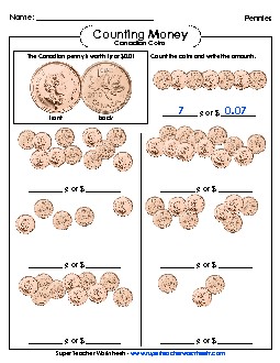 Counting Pennies Money Canadian Worksheet