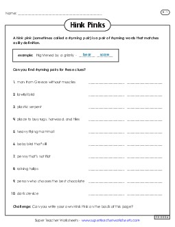 Hink Pinks: Level B-1 Brainteasers Worksheet